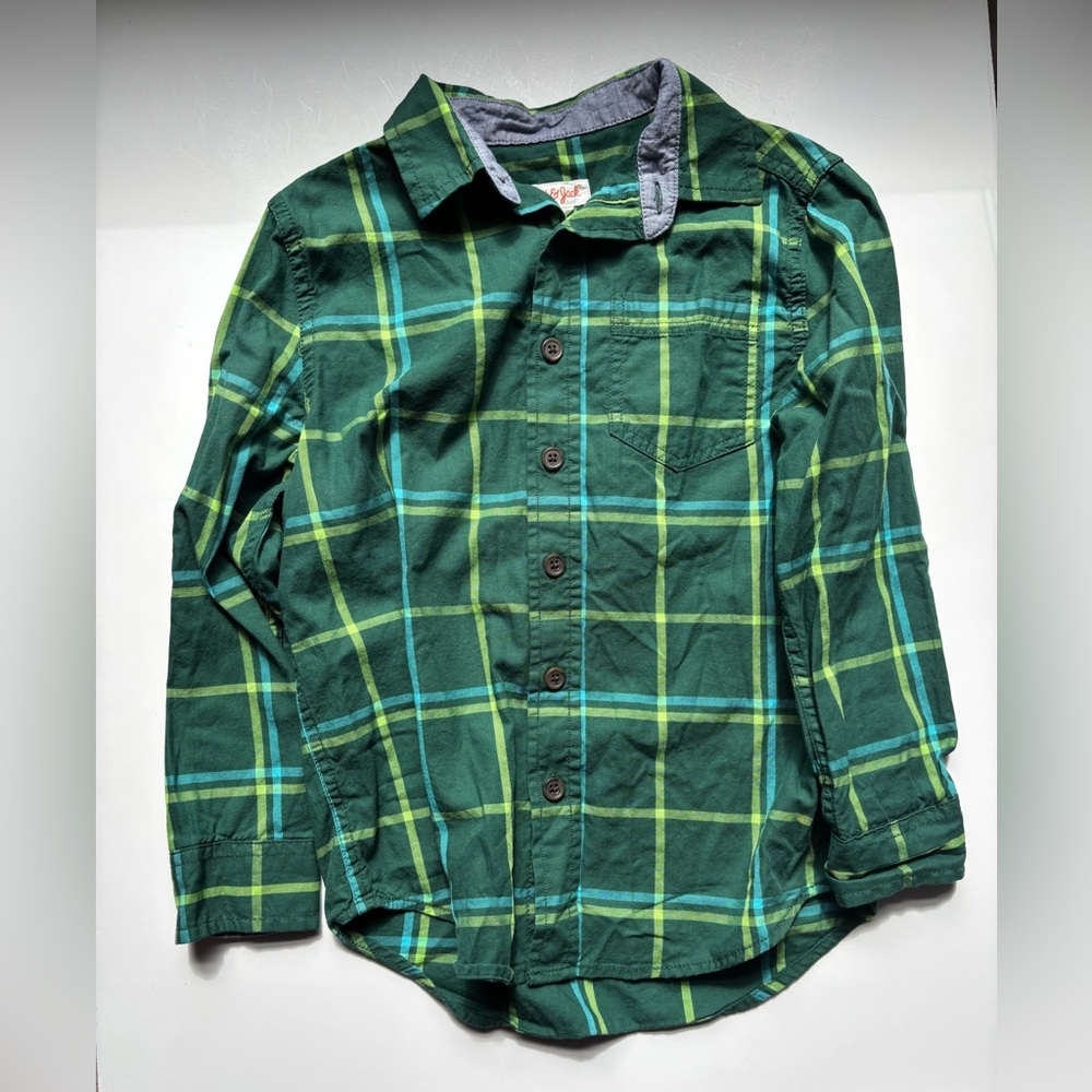 Cat & Jack Boys Green Plaid Button-Up Shirt Size 6-7